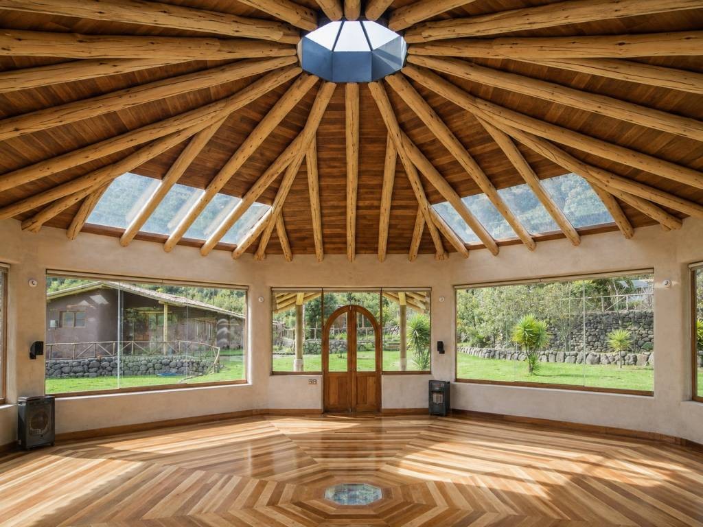 Interior del templo Santuario con techo circular de madera